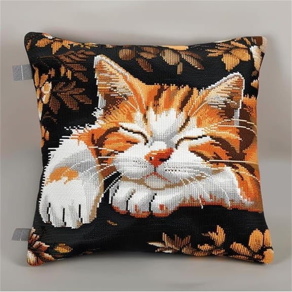 Cute Animals Cross Stitch Pillow Kits for Adults,Sleeping cat DIY Cushion Embroidery Kit Needlepoint Handmade Needlework Cushion Kit