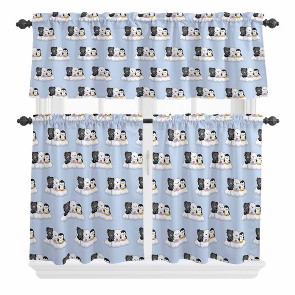 Cute Animals Curtain Valances Set Lovely Penguin Polar Bear Black Bear Cloud Blue Kitchen Curtains 24 inch Length Rod Pocket Valance and Tiers 3 Piece Set Small Bedroom Bathroom Laundry Decor