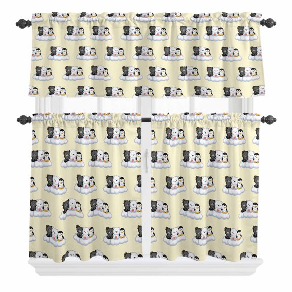 Cute Animals Curtain Valances Set Lovely Penguin Polar Bear Black Bear Cloud Yellow Kitchen Curtains 24 inch Length Rod Pocket Valance and Tiers 3 Piece Set Small Bedroom Bathroom Laundry Decor