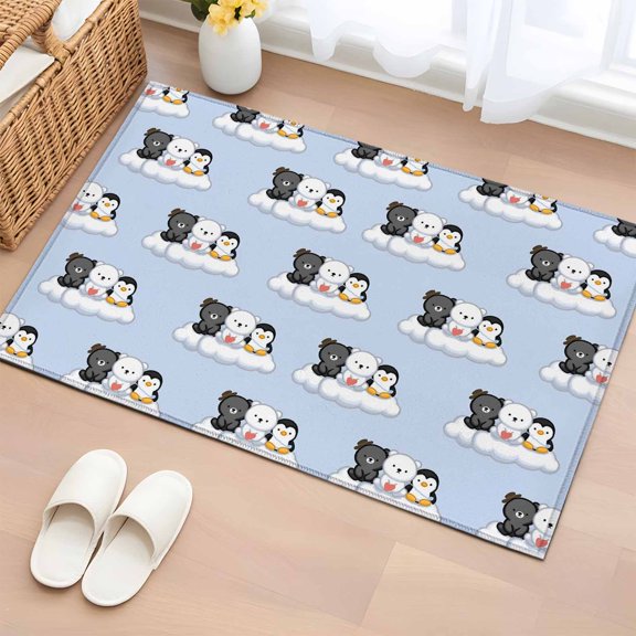 Cute Animals Entryway Rug 2'x3' Lovely Penguin Polar Bear Black Bear Cloud Blue Small Area Rug Non-Slip Front Door Mat Washable Floor Carpet for Indoor Entrance Kitchen Bathroom