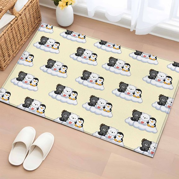 Cute Animals Entryway Rug 2'x3' Lovely Penguin Polar Bear Black Bear Cloud Yellow Small Area Rug Non-Slip Front Door Mat Washable Floor Carpet for Indoor Entrance Kitchen Bathroom