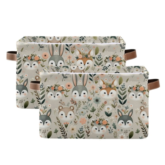 Cute Animals Face and Plant Storage Bins with Handle Fabric Organizer Basket Foldable Box 2 Pack 14.2x10.2x8.3
