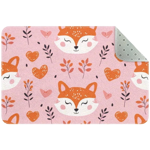 Cute Animals Fox Face with Hearts Pattern Small Area Rug, Non-Slip Door Mat Indoor Floor Mat, Washable Kitchen Rug Entrance Door Mat for Bedroom Living Room