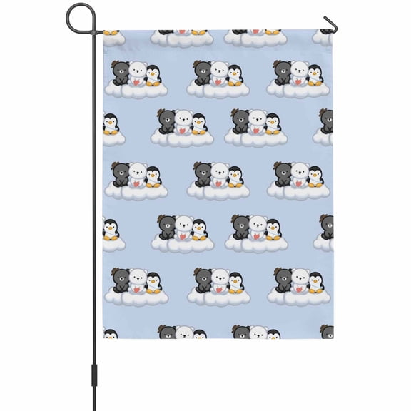 Cute Animals Garden Flag 12 x 18 Inches, Lovely Penguin Polar Bear Black Bear Cloud Blue Weather Proof Outdoor Patio Flags Double Sided Small Garden Decoration for Yard Outside Home