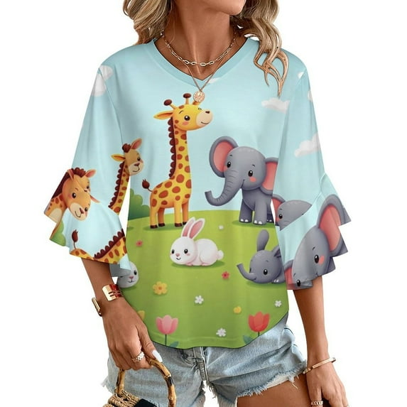 Cute Animals In Spring Garden Women's V-Neck Blouse With 3/4 Ruffled Bell Sleeves Casual Top Ladies Blouses