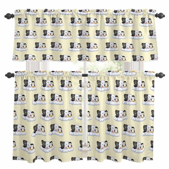 Cute Animals Kitchen Curtains and Valances Set, Lovely Penguin Polar Bear Black Bear Cloud Yellow Rod Pocket Window Valance Window Curtain Panels for Living Room Bedroom Laundry, 27.5x24in, 3 Pieces