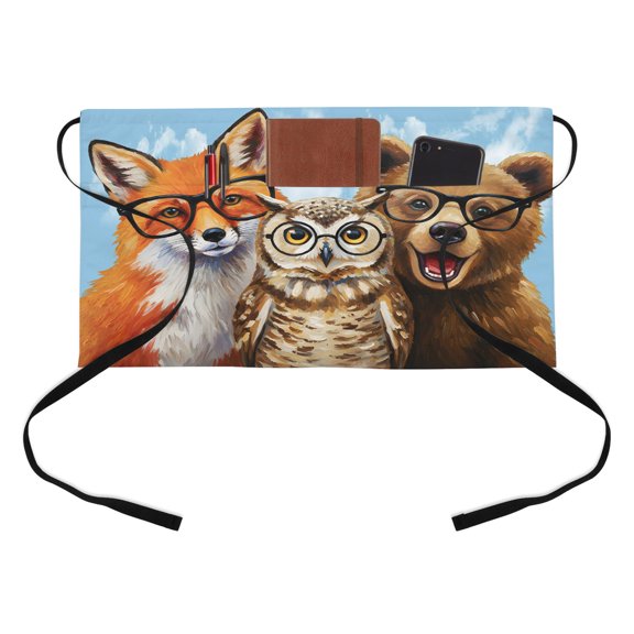 Cute Animals Kitchen Restaurant Half Waist Apron, Watercolor Fox Bear Cartoon Owl Blue Sky Farmhouse Server Short Apron with 3 Pockets Waterproof Oil Waist Aprons for Women Waitress Waiter