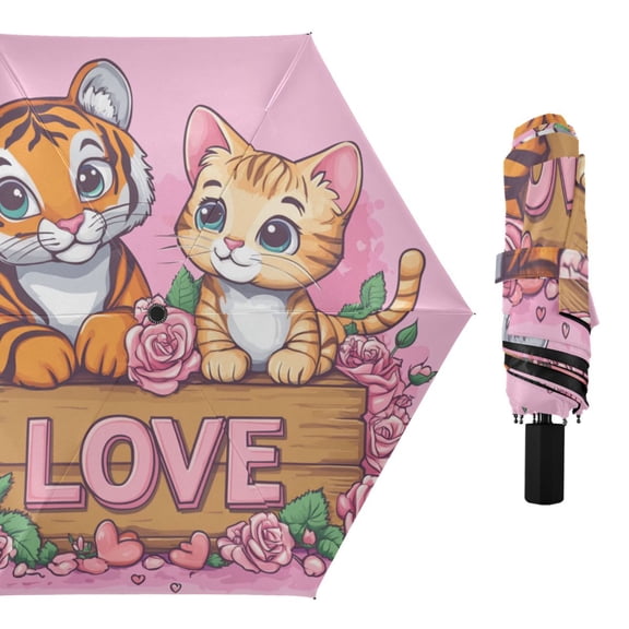 Cute Animals Love Roses Valentine All Weather Umbrella Triple Folding Parasol 6 Ribs UV Protection Portable