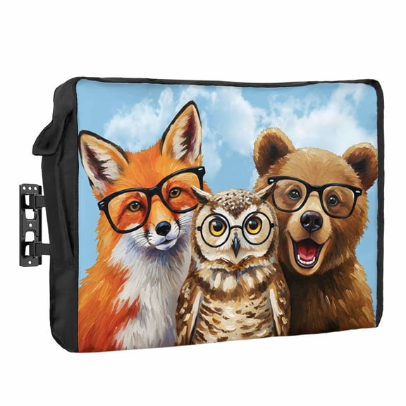 Cute Animals Outdoor TV Cover Watercolor Fox Bear Cartoon Owl Blue Sky Farmhouse Waterproof Weatherproof TV Screen Protector with Remote Control Pocket for 30 to 32 Inch Television Outside