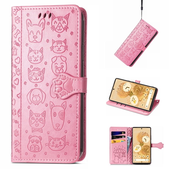 Cute Animals Pattern Embossed Case for Google Pixel 6 (5G) 2021, Allytech PU Leather Bookstyle Phone Case Flip Notebook Wallet Card Slots Holder Stand Folio Protective Case with Hand Strap, Pink