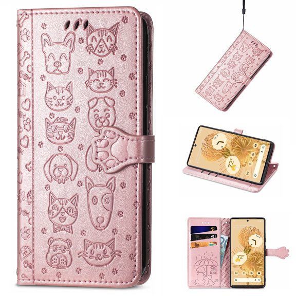 Cute Animals Pattern Embossed Case for Google Pixel 6 Pro (5G) 2021,Allytech PU Leather Bookstyle Phone Case Flip Notebook Wallet Card Slots Holder Stand Folio Protective Case with Hand Strap,Rosegold