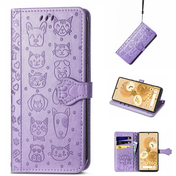 Cute Animals Pattern Embossed Case for Google Pixel 6 Pro (5G) 2021, Allytech PU Leather Bookstyle Phone Case Flip Notebook Wallet Card Slots Holder Stand Folio Protective Case with Hand Strap, Purple
