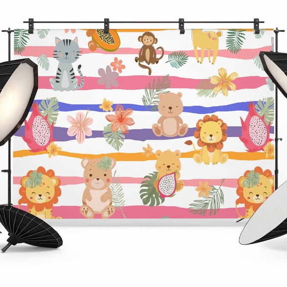 Cute Animals Photography Backdrop 7x5FT, Lovely Cartoon Lion Camel Cat Leaf Flower Colorful Stripe Photo Backdrops, Background for Photography Studio Photo Studio Background, Back Drop for Photoshoot