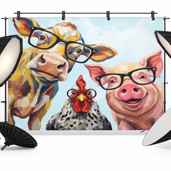 Cute Animals Photography Backdrop 7x5FT, Watercolor Cow Chicken Cartoon Pig Blue Sky Farmhouse Photo Backdrops, Background for Photography Studio Photo Studio Background, Back Drop for Photoshoot