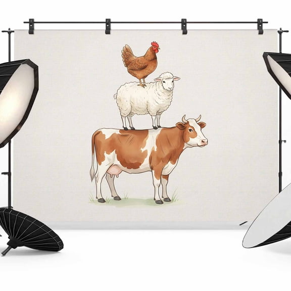 Cute Animals Photography Backdrop 7x5FT, Watercolor Cow Chicken Cartoon Sheep Farmhouse Rustic Photo Backdrops, Background for Photography Studio Photo Studio Background, Back Drop for Photoshoot