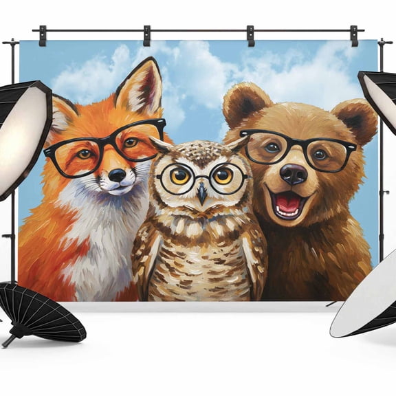 Cute Animals Photography Backdrop 7x5FT, Watercolor Fox Bear Cartoon Owl Blue Sky Farmhouse Photo Backdrops, Background for Photography Studio Photo Studio Background, Back Drop for Photoshoot