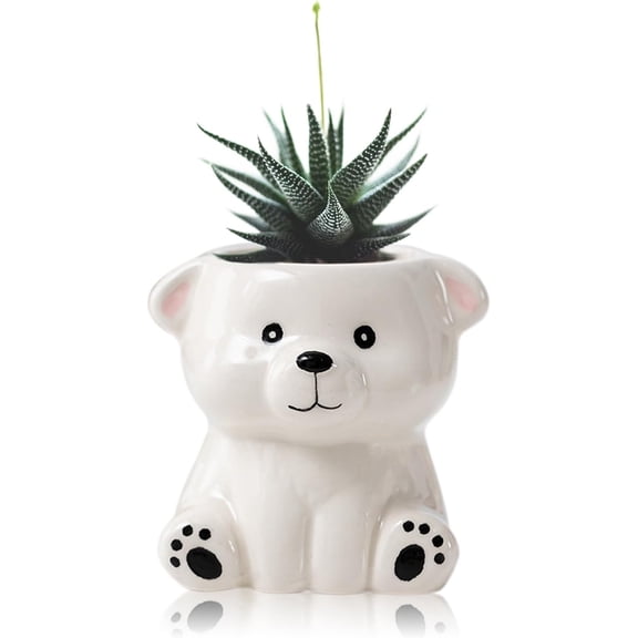 Cute Animals Planter, Mini Ceramic Cartoon Animal Shaped Succulent Flower Pot Indoor Air Plants Holder, Smooth Shiny Decorative Flower Cactus Planter - Plants Not Included (White Bear)