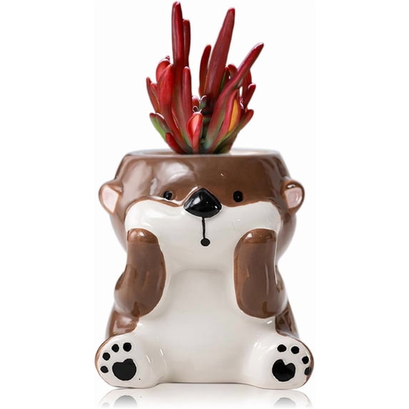 Cute Animals Planter, Mini Ceramic Cartoon Animal Shaped Succulent Flower Pot Indoor Air Plants Holder, Smooth Shiny Decorative Flower Cactus Planter - Plants Not Included (Otter)