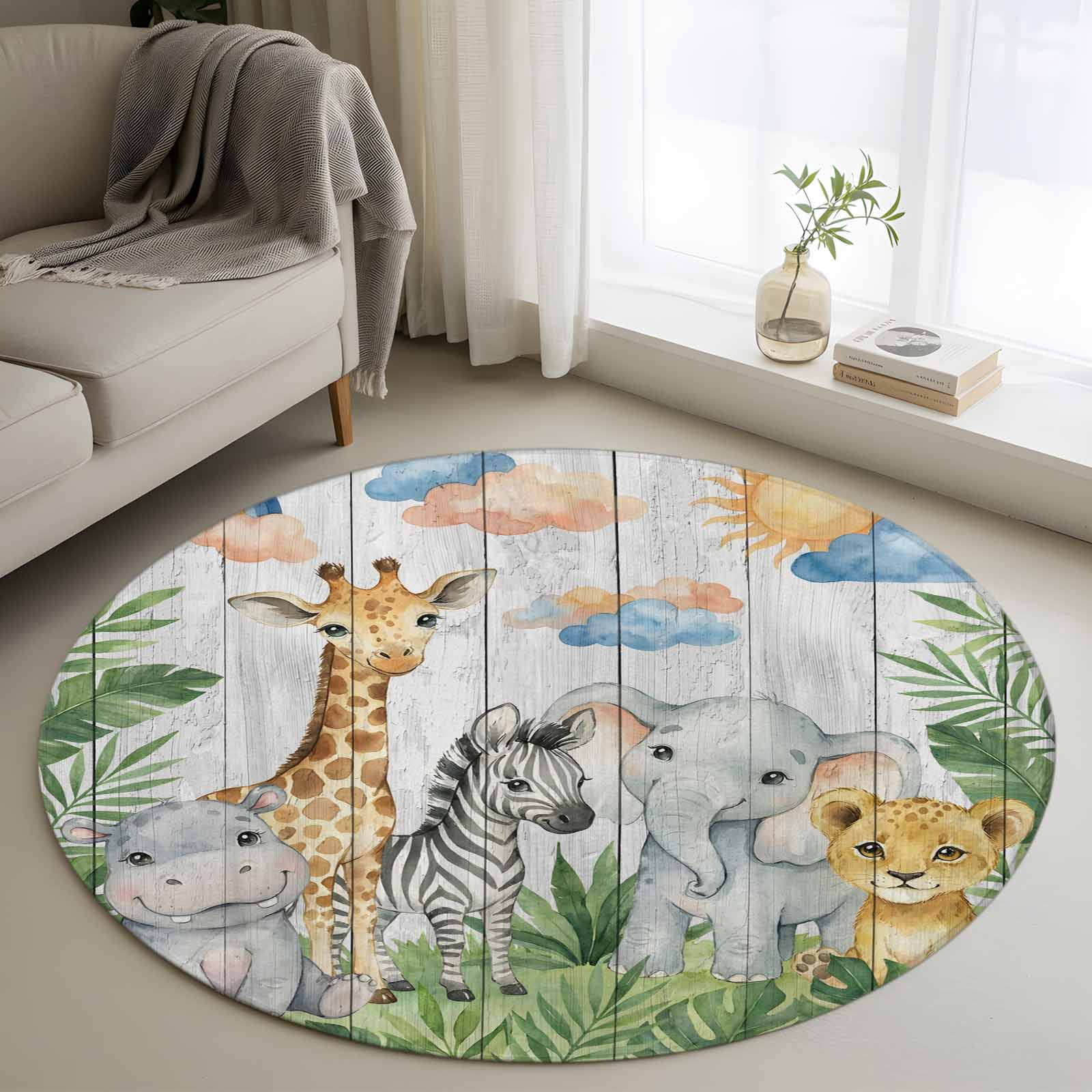 Cute Animals Round Area Rug 4Ft Washable Circle Rugs for Bedroom Dining Room, Cartoon Summer Botanical Palm Leaves Non-Slip Carpet Floor Mats Indoor Outdoor Carpet Runner Aesthetic Home Decor