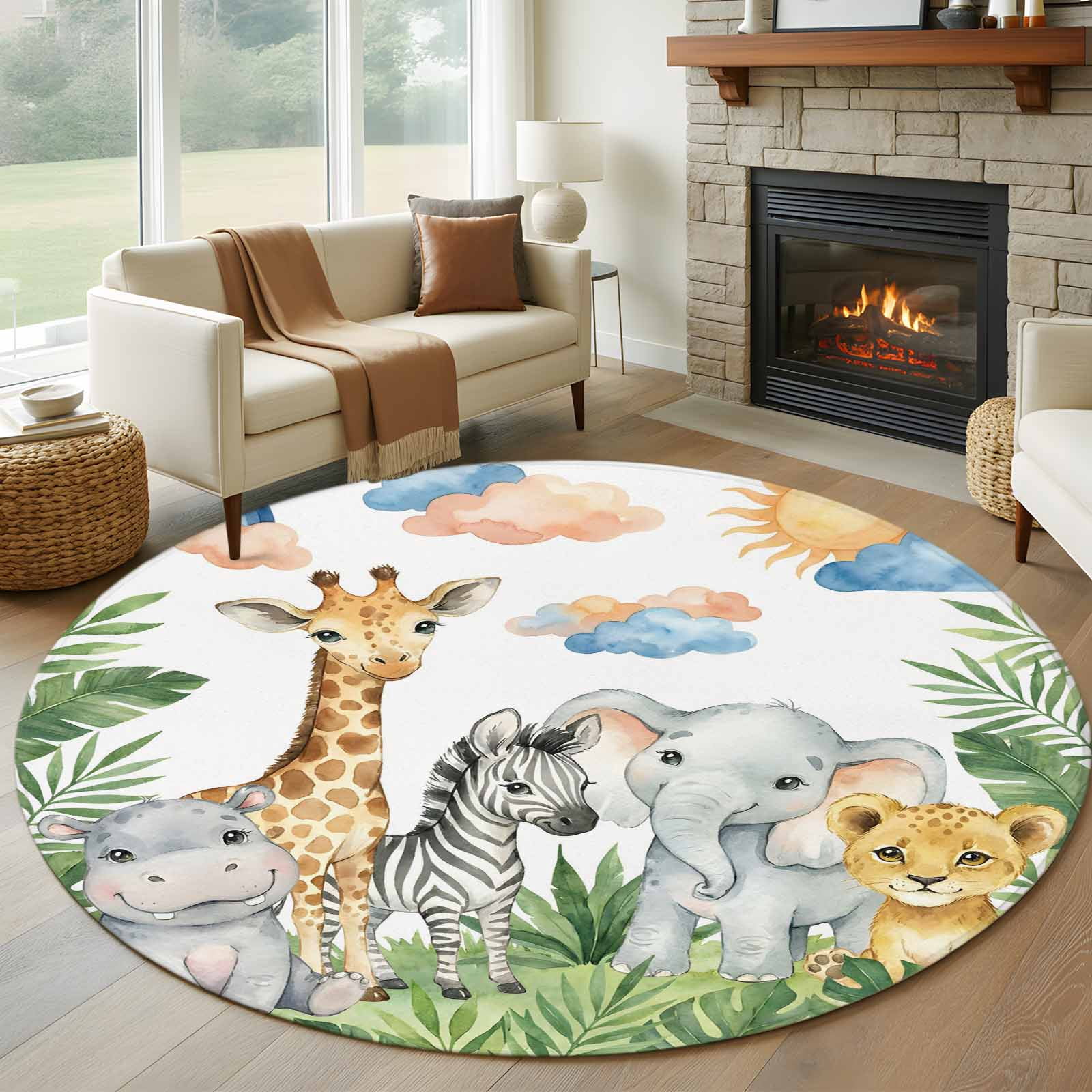 Cute Animals Round Area Rug 5Ft Washable Circle Rugs for Living Room Bedroom, Funny Summer Botanical Palm Leaves Non-Slip Carpet Floor Mats Indoor Outdoor Carpet Runner Aesthetic Home Decor