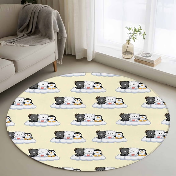 Cute Animals Round Rugs for Living Room 3ft Lovely Penguin Polar Bear Black Bear Cloud Yellow Non Slip Circle Rug Washable Low-Profile Indoor Carpet for Bedroom, Dining Room, Bathroom