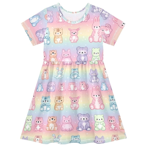 Cute Animals Short Sleeve Dress A-Line Cute Midi Casual Sundress 2-8 Years