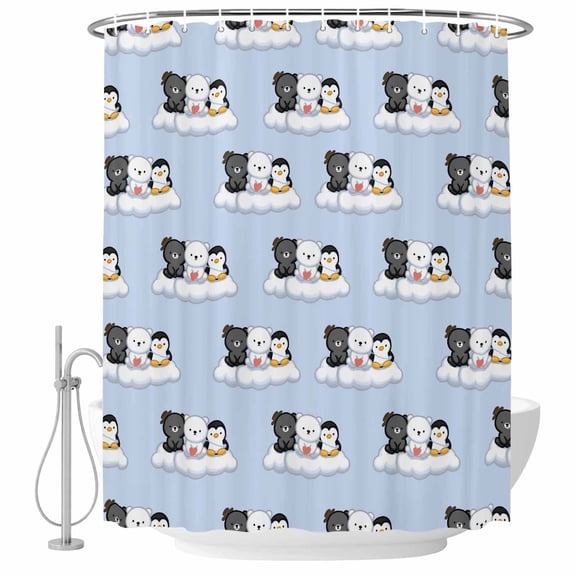 Cute Animals Shower Curtain, 36"x72", Lovely Penguin Polar Bear Black Bear Cloud Blue Waterproof Bathroom Curtain Washable Shower Curtain Set with 12 Hooks