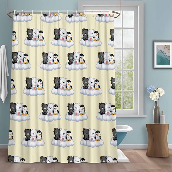 Cute Animals Shower Curtain with Hooks, Lovely Penguin Polar Bear Black Bear Cloud Yellow Water Repellent Shower Curtains for Bathroom Decor Sturdy Shower Curtain, Machine Washable 36x72 Inch