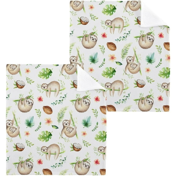 Cute Animals Sloth Washcloth 12x12in Set, 6 Pack Absorbent Cotton Towel Square Kitchen Dishes Towels, Soft Cleaning Face Hand Towel Fast Drying