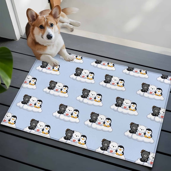 Cute Animals Small Area Rugs 2x3 Lovely Penguin Polar Bear Black Bear Cloud Blue Entryway Rugs Washable Door Mat, Low-Profile Area Rugs Non Slip Floor Carpet for Living Room Bedroom Home Office