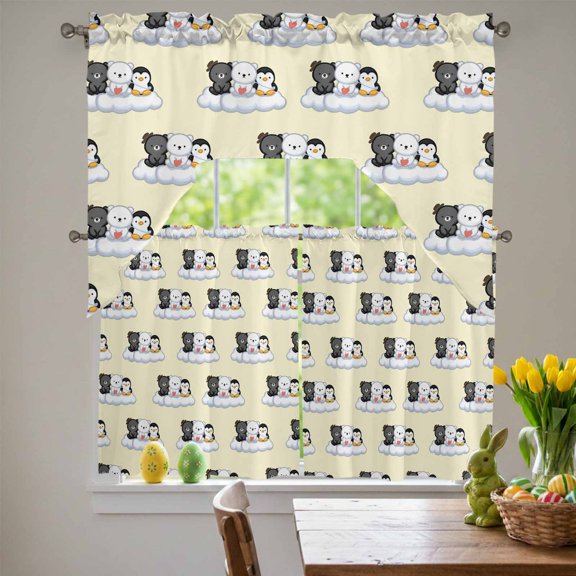 Cute Animals Swag Curtains Valance & Tier Set, Lovely Penguin Polar Bear Black Bear Cloud Yellow 3 Pcs Set Kitchen Swag Valances and Tiers 24 Inch Length Rod Pocket Curtain Drapes for Bedroom