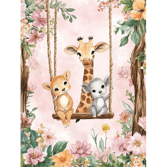 Cute Animals Swing Canvas Painting/Wall Art Suitable for Living Room Bedroom Nursery Kids Room and Playroom Decoration.