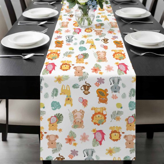 Cute Animals Table Runner, Lovely Cartoon Lion Camel Cat Bear Monkey Leaf Flower Washable Cotton-linen Table Runners Dining Kitchen Decoration for Everyday Home Wedding Party Decor, 13 x 36 Inch