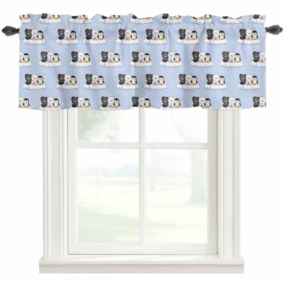 Cute Animals Valances for Windows Lovely Penguin Polar Bear Black Bear Cloud Blue Rod Pocket Curtain Valance Window Treatment Short Curtains for Kitchen Living Room, 42"x12"