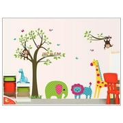 Cute Animals Whit Cartoon Trees Wall Decal DIY PVC Transparent Film for Kindergarten Living Room Children's Room TV Sofa Background Wall Art Decors Window Dressing Living Room