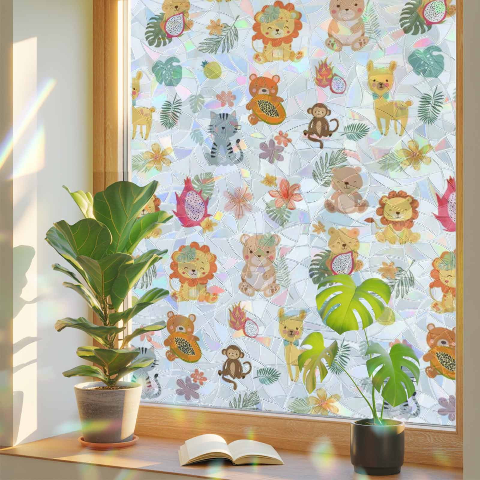 Cute Animals Window Privacy Film, Lovely Cartoon Lion Camel Cat Bear ...