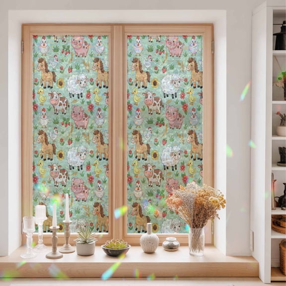 Cute Animals Window Privacy Film Sheep Pig Horse Cow Duck Chicken Floral Farmhouse Static Cling Stained Glass Window Film Non-Adhesive Decorative Decals Rainbow Sticker 23.6"X59"