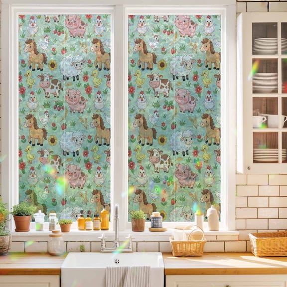 Cute Animals Window Privacy Film Sheep Pig Horse Cow Duck Chicken Floral Farmhouse Static Cling Stained Glass Window Film Non-Adhesive Decorative Decals Rainbow Sticker 17.7"X39.3"
