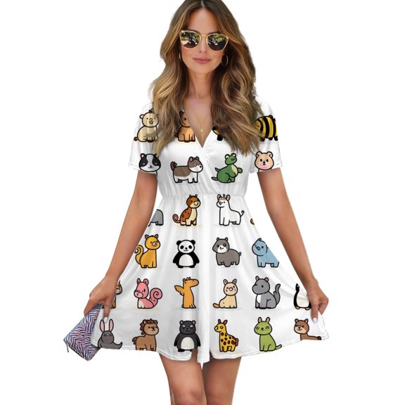 Cute Animals Women Dress V-Neck Short Sleeve Flowy Swing Party Midi Dress