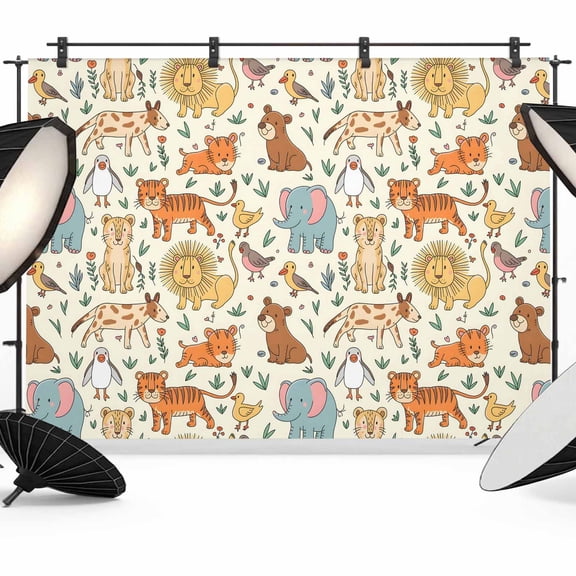 Cute Animals Zoo Backdrop for Photoshoot, Photography Photo Studio Background Wall Backdrop, Cartoon Funny Elephant Tiger Back Drop Banner Panel for Portraits Wedding Party Live Streaming Decor 7x5Ft