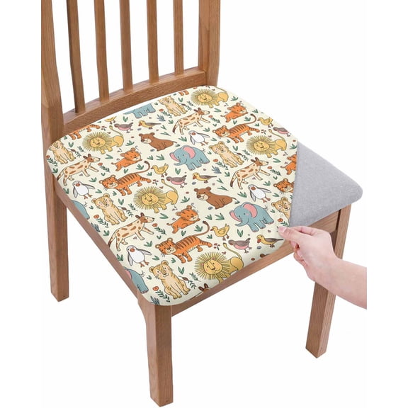 Cute Animals Zoo Chair Seat Covers for Dining Room Stretch Chair Seat Covers Set of 2, Cartoon Funny Elephant Tiger Chair Seat Protector Cushion Slipcovers for Kitchen Restaurant Office