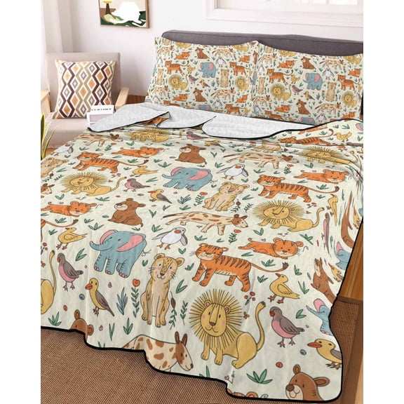 Cute Animals Zoo Full Size Down Alternative Comforter, Lightweight Comforter Quilt Bedding Set with Pillow Shams Cartoon Funny Elephant Tiger All Seasons Bed Comforter Duvet Insert 78"x90"