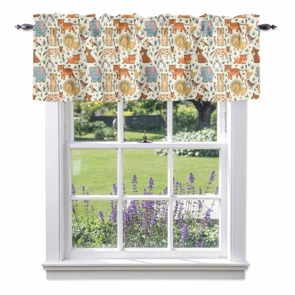 Cute Animals Zoo Kitchen Curtain Valances for Windows Farmhouse Short Curtains, Cartoon Funny Elephant Tiger Rod Pocket Valance Curtain for Bedroom Cafe Living Room 42"x12"