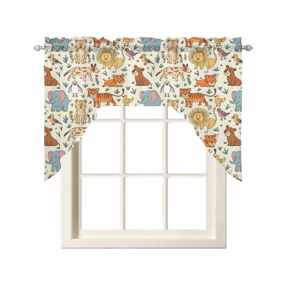 Cute Animals Zoo Kitchen Swag Valance for Window, Rod Pocket Short Kitchen Curtains 36 Inch Length, Cartoon Funny Elephant Tiger Swag Topper Small Window Treatment for Cafe Bathroom Bedroom