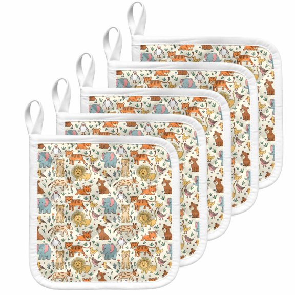 Cute Animals Zoo Pot Holders for Kitchen Heatproof Potholder, 5 Pack Cartoon Funny Elephant Tiger Hot Pads Multipurpose Oven Pads Cloth Potholders Trivet for Cooking Baking