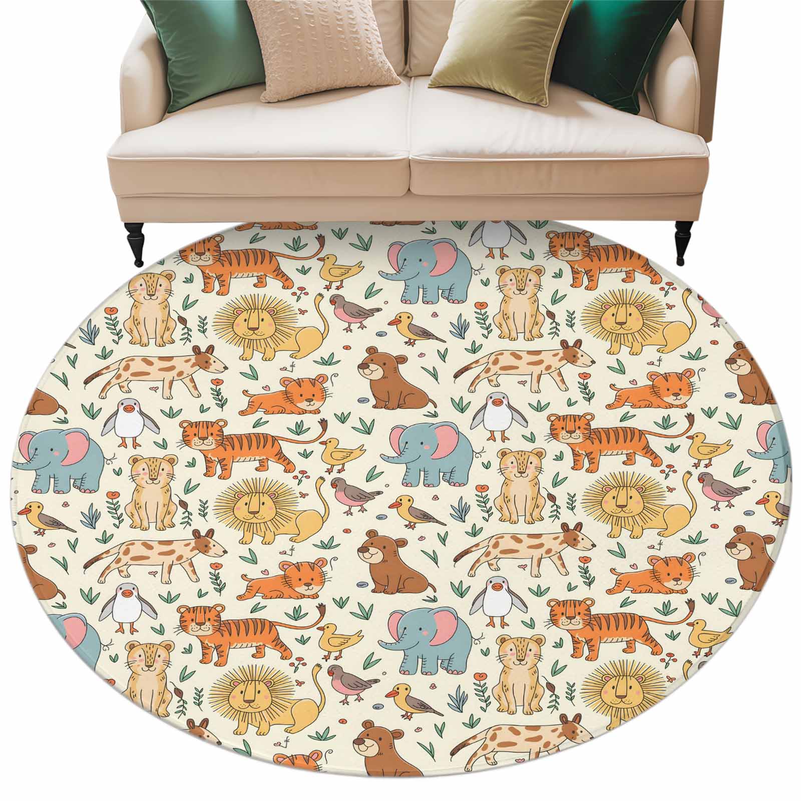 Round Pet Rug Cute Animals Zoo Round Area Rug 5ft Washable Large Round Rug for Living ...