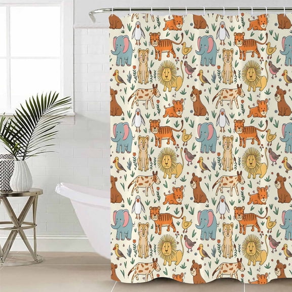 Cute Animals Zoo Small Stall Shower Curtain, Waterproof Shower Curtains for Bathroom, Cartoon Funny Elephant Tiger Washable Fabric Cloth Bath Curtain for Bathtub Decoration with Hooks 36x72 Inches