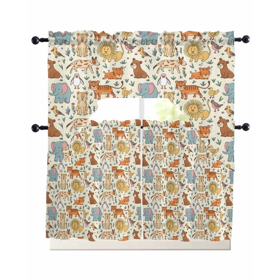 Cute Animals Zoo Swag Curtains for Living Room/Bedroom Windows, Cartoon Funny Elephant Tiger Kitchen Curtains and Valances Set 36 Inch Length, Light Filtering Swags Valance Curtain Panels