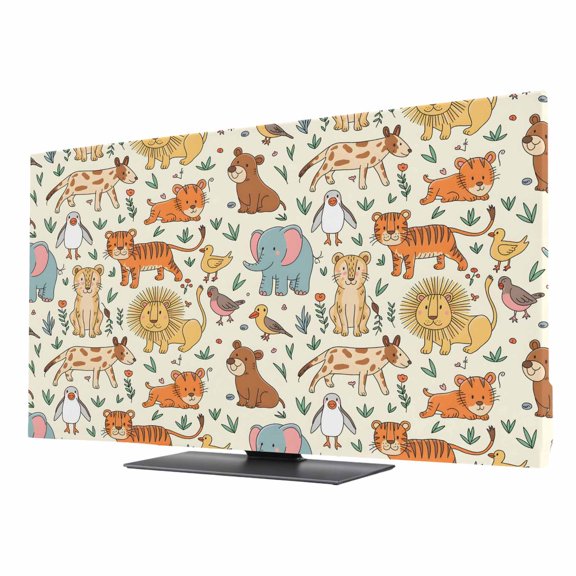 Cute Animals Zoo TV Cover for 65 Inch Screen, Stretch Fabric Dustproof TV Display Protector, Cartoon Funny Elephant Tiger Elastic Slipcover Monitor Cover for Indoor Desktop Computer 56.7"x31.9"