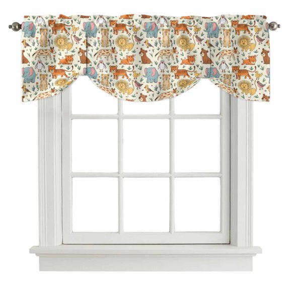 Cute Animals Zoo Tie Up Valance Curtains for Windows, Kitchen Curtains Window Treatments, Cartoon Funny Elephant Tiger Short Window Shades Valances for Bedroom Bathroom Cafe 42"x12"